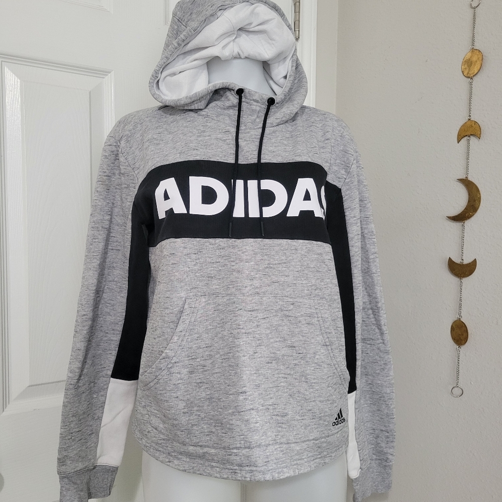 2/$35 Adidas Hoodie Sweatshirt M EUC Gray Black&White High Neck Kangaroo Pocket